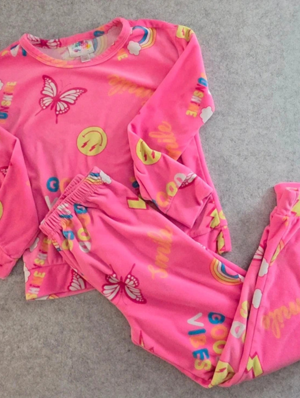 Bmagical Youth Pink Pajama Set Good Vibes Rainbow Butterfly Smiley - size 10